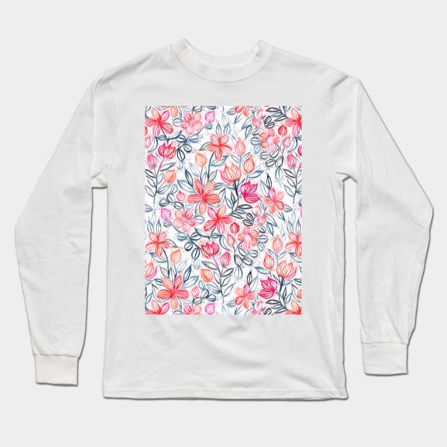 Coral and Grey Candy Striped Crayon Floral Long Sleeve T-Shirt by micklyn